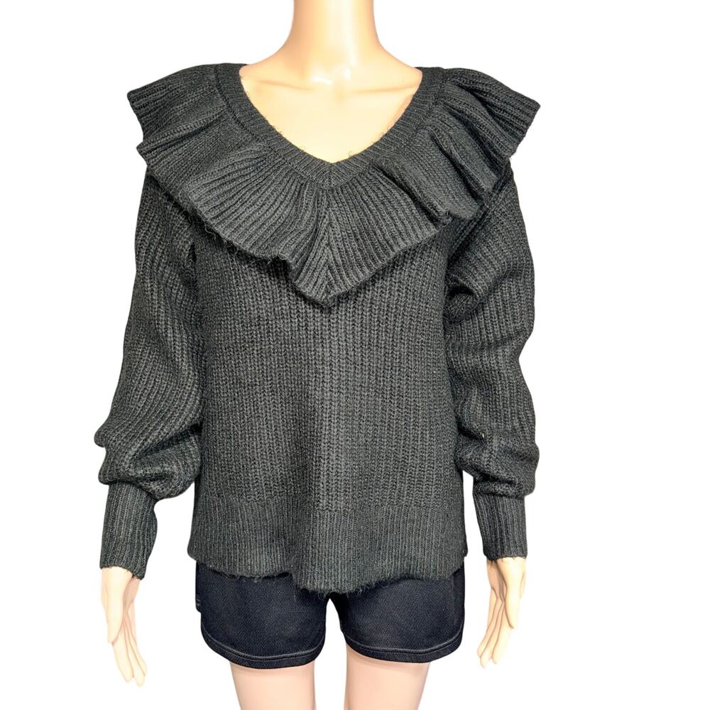 A New Day Womens Knit Sweater Pullover Dramatic Ruffle V Neck Black Medium